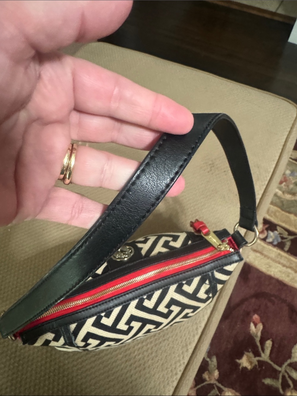 Spartina 449 Black and Cream Geometric Crossbody with Red Trim. - Picture 4 of 6